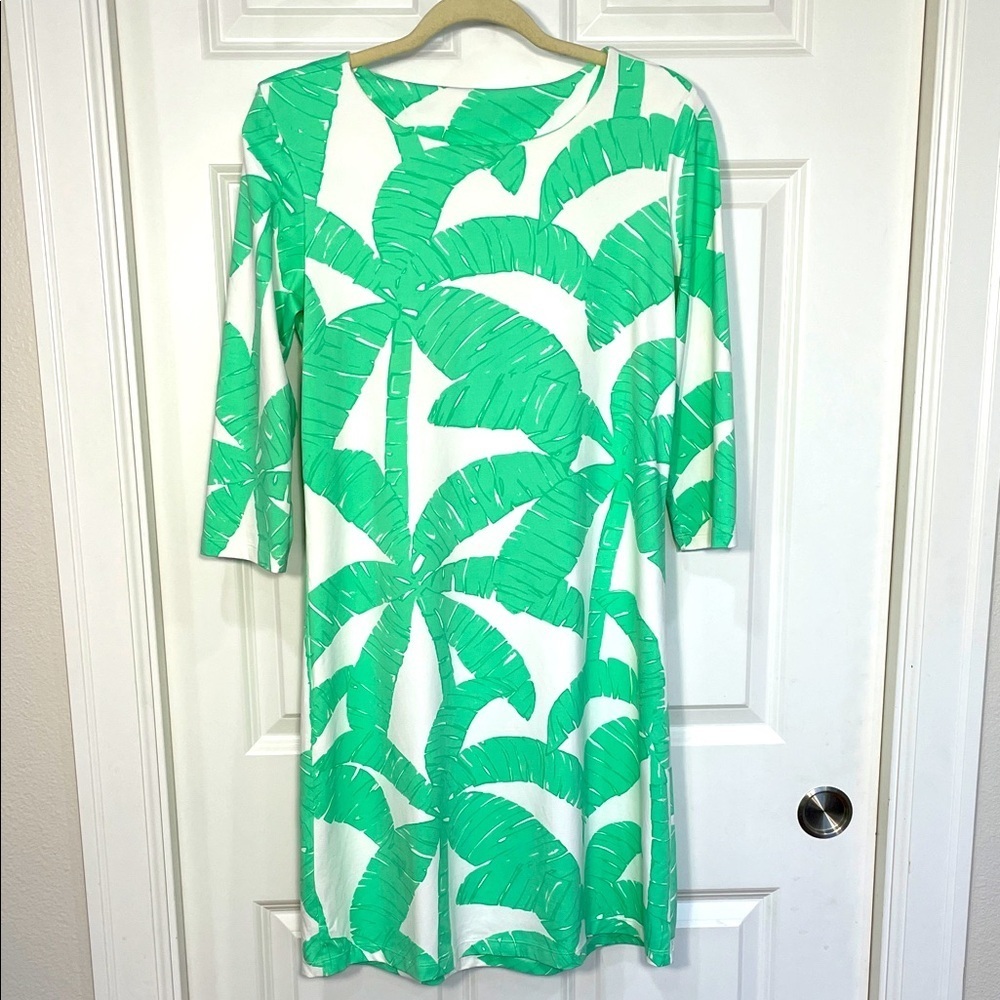 Mahi Gold Bimini Sheath Dress Small Palm Trees Green White 3/4 Sleeve Scoop Midi